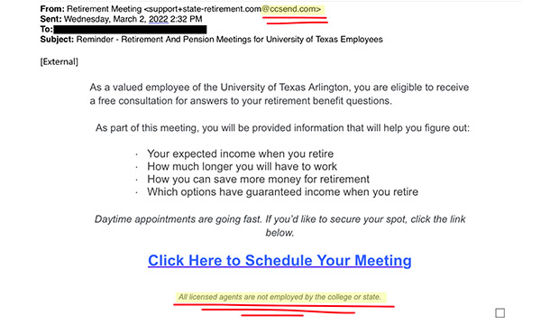 Questionable email that appears to be from UTA but is NOT. Noted are the return address and a line at the bottom that says it is not associated with the university.